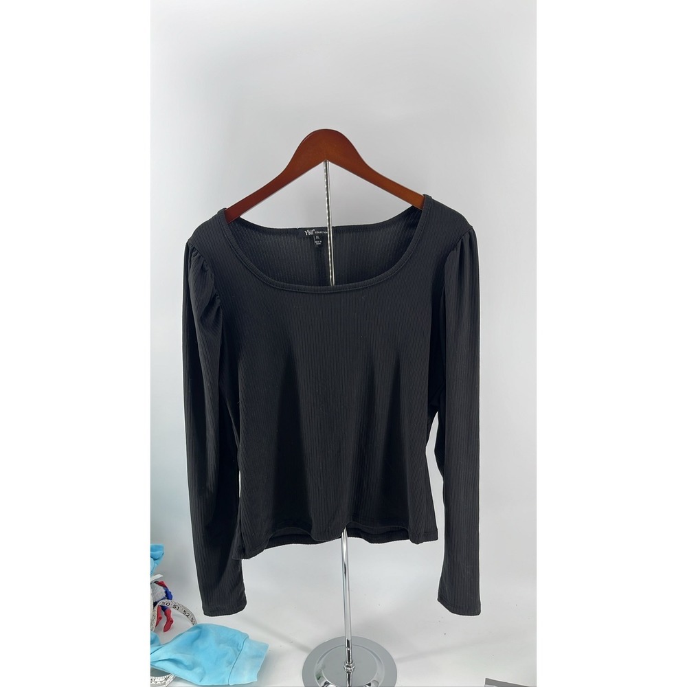 YMI Collection Women XL Black Ribbed Square Neck Puff Sleeve Top‎
